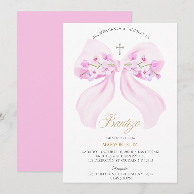 Watercolor Pink Bow Floral Girl Baptism Einladung (Vorne/Hinten)