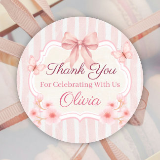 Watercolor Pink Bow, Flowers & Butterfly Birthday Runder Aufkleber