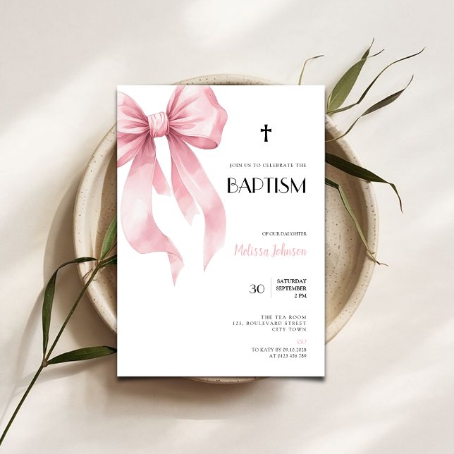 Watercolor Pink Bow for Girls Baptism Invitation Einladung (watercolor pink bow baptism invitation)