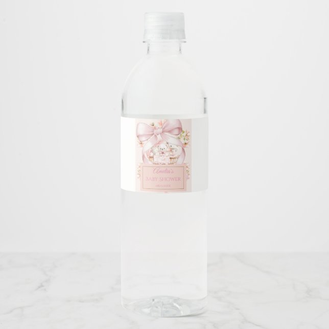 Watercolor Pink Bow Water Bottle Labels Wasserflaschenetikett (Vorderseite)