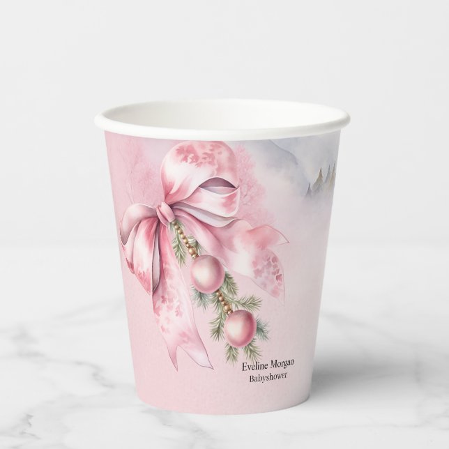 Watercolor Pink Bow with Baubles Baby Shower  Pappbecher (Vorderseite)