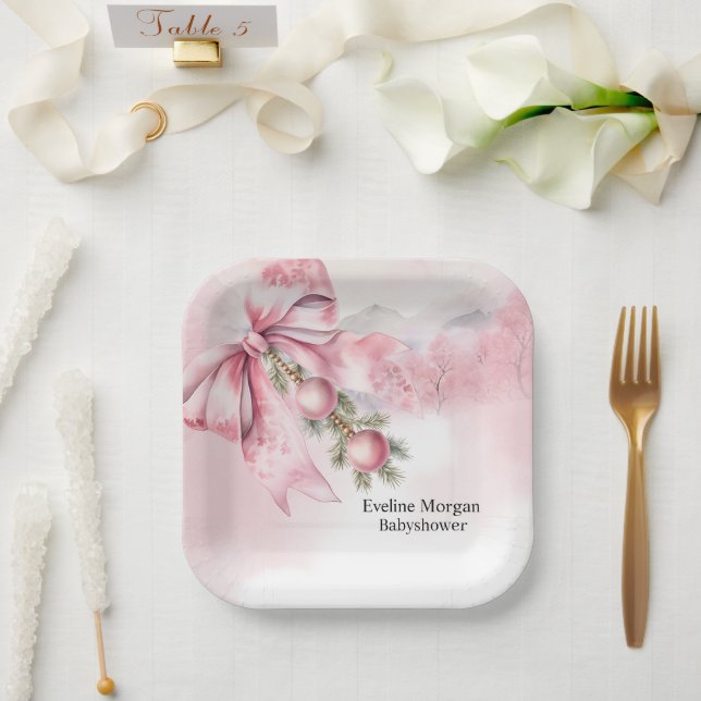 Watercolor Pink Bow with Baubles Baby Shower  Pappteller (Hochzeit)