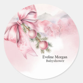 Watercolor Pink Bow with Baubles Baby Shower  Runder Aufkleber