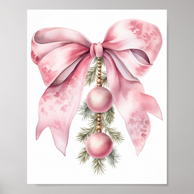 Watercolor Pink Bow with Baubles  Poster (Vorne)