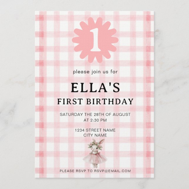 Watercolor Pink Check Bunny Birthday Invitation Einladung (Vorderseite)
