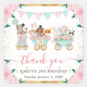 Watercolor Pink Circus Animals Floral Geburtstag Quadratischer Aufkleber