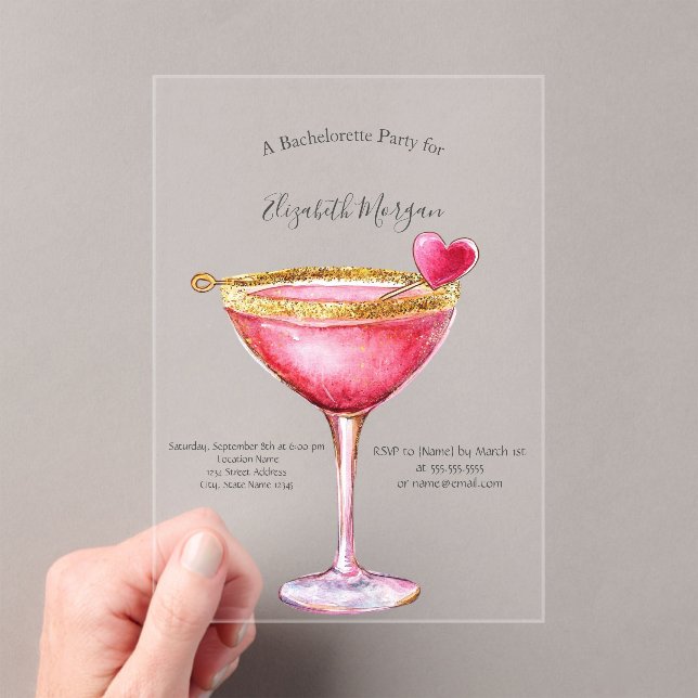 Watercolor Pink Cocktail Heart Bachelorette Party Acryleinladungen (Insitu (Handheld))