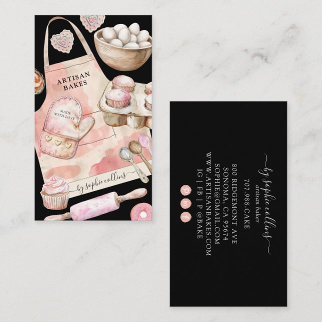 Watercolor Pink Desserts Baker Pastry Chef Black Visitenkarte (Vorne/Hinten)