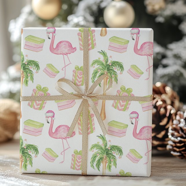 Watercolor Pink Flamingo Beach Christmas Geschenkpapier (Von Creator hochgeladen)