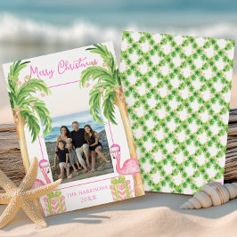 Watercolor Pink Flamingo Beach Christmas Photo Feiertagskarte