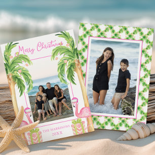 Watercolor Pink Flamingo Beach Weihnachtsfest Foto Feiertagskarte