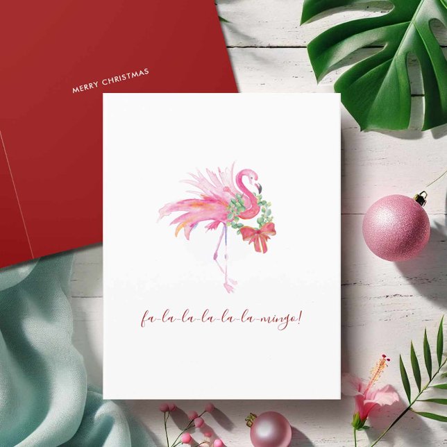 Watercolor Pink Flamingo Florida Beach Weihnachten (Florida Christmas cards tropical watercolor pink flamingo art by Victoria Grigaliunas DoTellABelle)