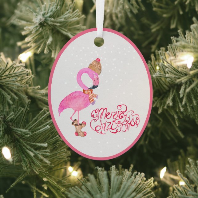 Watercolor Pink Flamingo Frohe Weihnachten Ornament Aus Metall (InSitu)