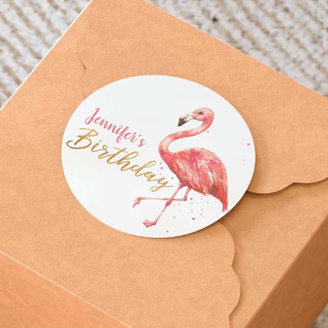 Watercolor Pink Flamingo Gold Geburtstag | Runder Aufkleber (Von Creator hochgeladen)