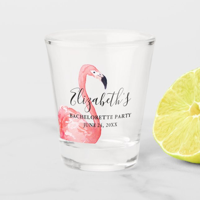 Watercolor Pink Flamingo Junggeselinnen-Abschied Schnapsglas (Vorderseite)