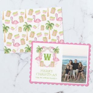 Watercolor Pink Flamingo Weihnachts Monogram Wappe Feiertagskarte