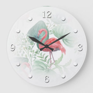 Watercolor Pink flamingos and leaves. Große Wanduhr
