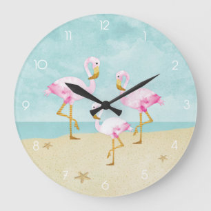 Watercolor Pink Flamingos on the Beach Große Wanduhr