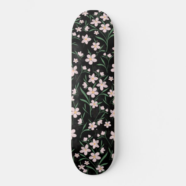 Watercolor Pink Floral Botanisches Schwarzes Muste Skateboard (Vorderseite)