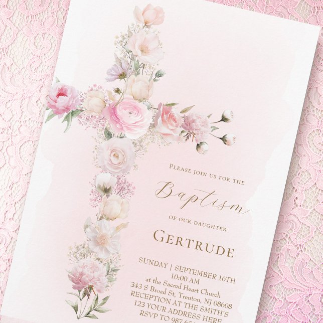 watercolor pink floral cross Baptism Invitation Einladung (Von Creator hochgeladen)
