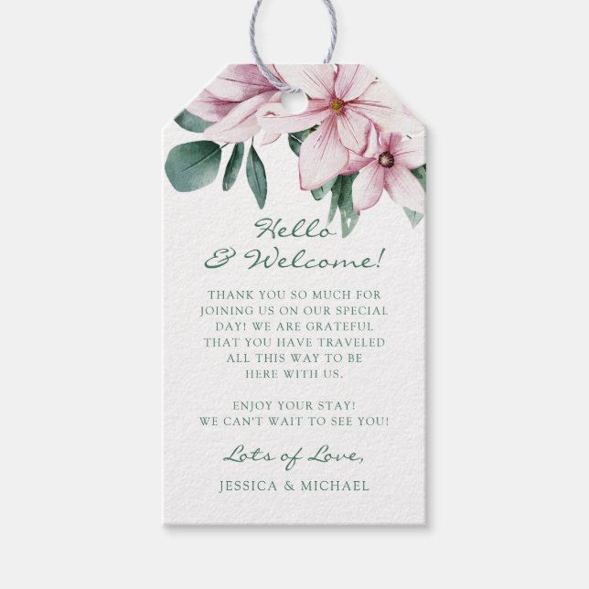 Watercolor Pink Floral Eukalyptus Wedding Willkomm Geschenkanhänger (Vorderseite)