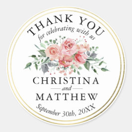 Watercolor Pink Floral Gold Hochzeit Vielen Dank Runder Aufkleber