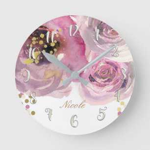 Watercolor Pink Floral & Gold Modern Personalized Runde Wanduhr