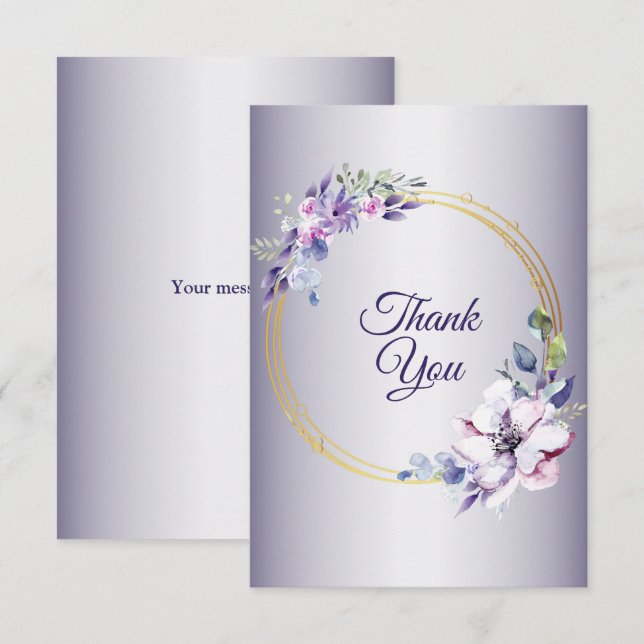 Watercolor Pink Floral Golden Purple Wedding Dankeskarte (Vorne/Hinten)