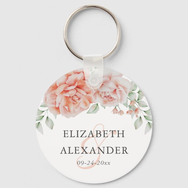 Watercolor Pink Floral Monogram Wedding Favor Schlüsselanhänger (Vorderseite)
