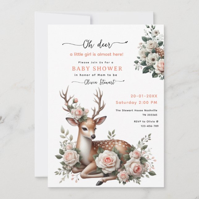 Watercolor Pink Floral oh deer baby shower  Einladung (Vorderseite)