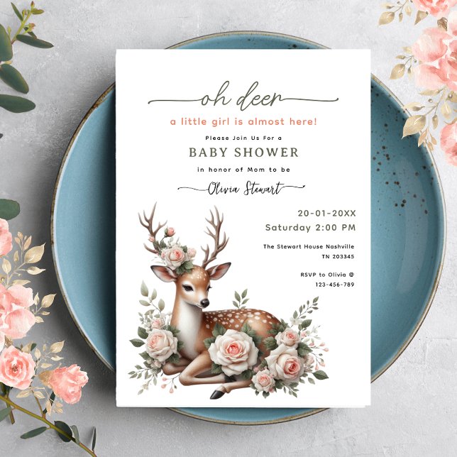 Watercolor Pink Floral oh deer baby shower  Einladung (Von Creator hochgeladen)