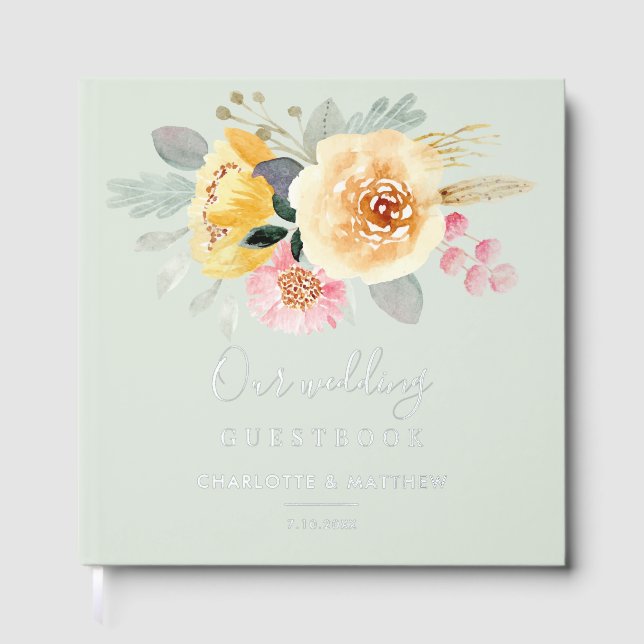 Watercolor Pink Floral Script Wedding Silver Gästebuch (Vorderseite)