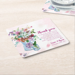 Watercolor Pink Floral Wedding Danke für Ihre Nach Rechteckiger Pappuntersetzer
