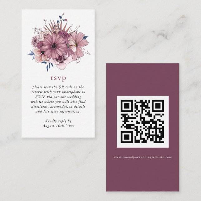 Watercolor Pink Florals QR Code Wedding RSVP Begleitkarte (Vorne/Hinten)
