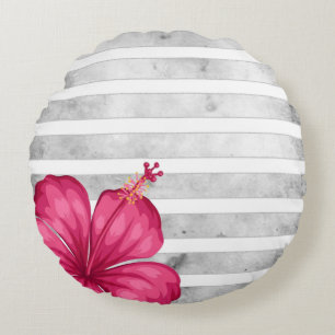 Watercolor Pink Flower in Black and White Stripe Rundes Kissen