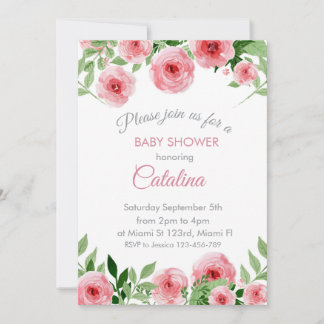Watercolor Pink Flowers Baby Shower Invitation Einladung