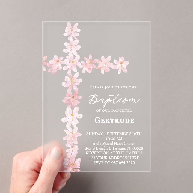 watercolor pink flowers cross Baptism Invitation Acryleinladungen (Insitu (Handheld))