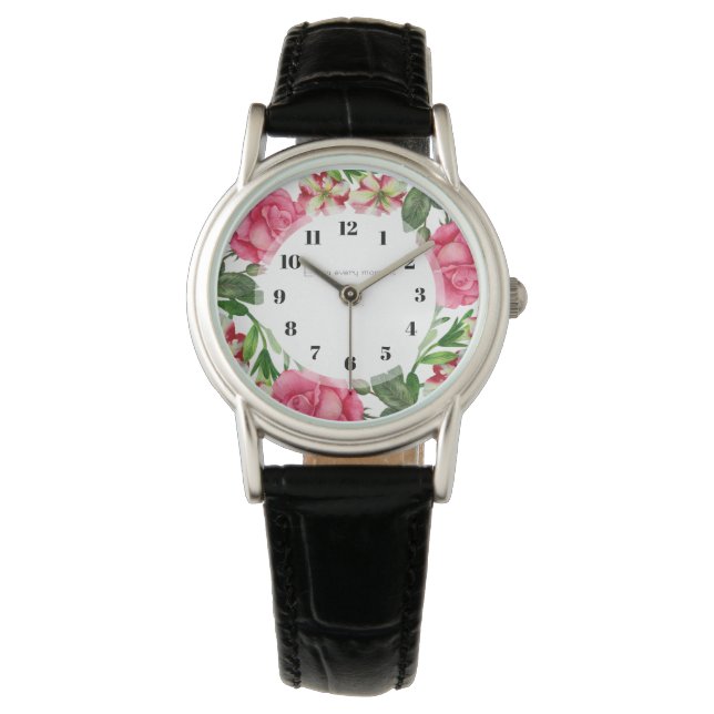 Watercolor Pink Flowers Wreath Circle Armbanduhr (Vorderseite)