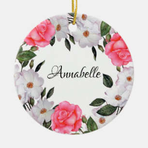 Watercolor Pink Flowers Wreath Circle Keramik Ornament