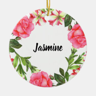 Watercolor Pink Flowers Wreath Circle Keramik Ornament