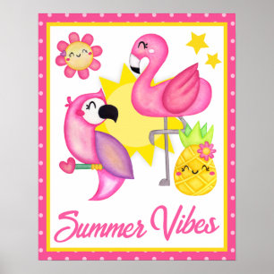 Watercolor Pink & Gelb Tropische Vögel Sommer Poster