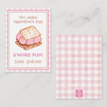 Watercolor Pink Gingham S'mores Valentine's Cards