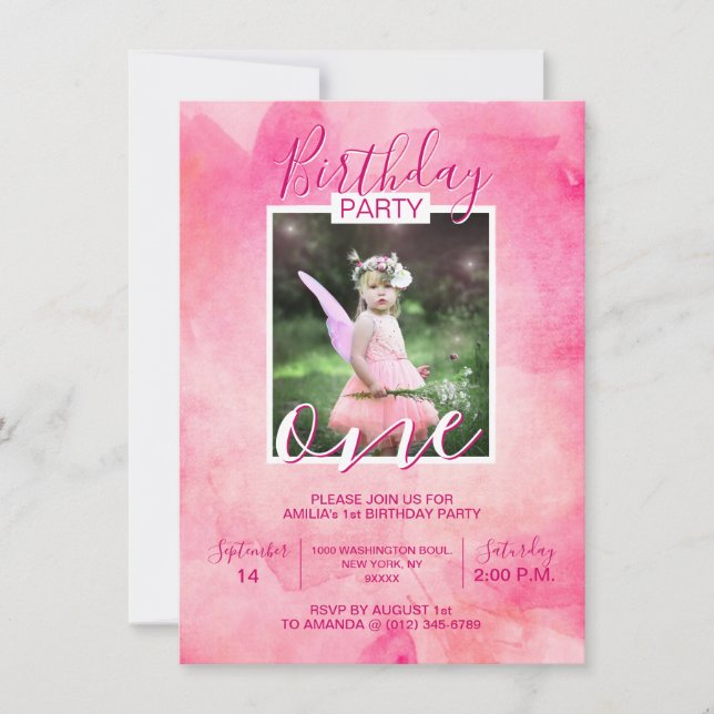 Watercolor Pink Girl BIRTHDAY Party 1. Einladung (Vorderseite)