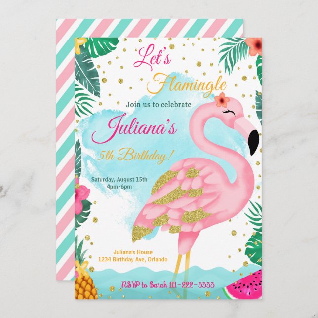 Watercolor Pink Glitzer Flamingo Birthday Einladun Einladung (Vorne/Hinten)