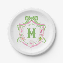 Watercolor Pink & Green Bow Mahjong Monogram Crest Pappteller