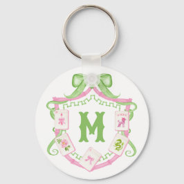 Watercolor Pink & Green Bow Mahjong Monogram Crest Schlüsselanhänger