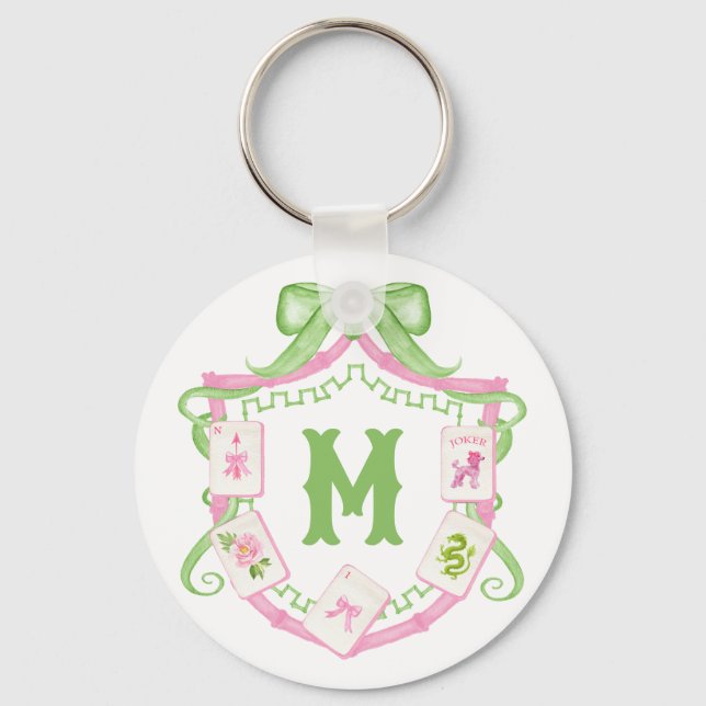 Watercolor Pink & Green Bow Mahjong Monogram Crest Schlüsselanhänger (Vorderseite)