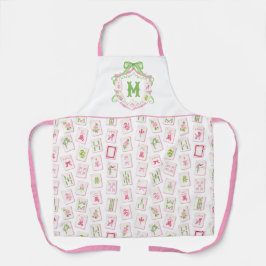 Watercolor Pink & Green Bow Mahjong Monogram Crest Schürze