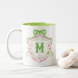 Watercolor Pink & Green Bow Mahjong Monogram Crest Zweifarbige Tasse