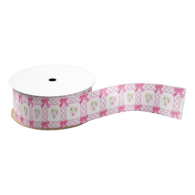 Watercolor Pink & Green Bow Mahjong Ripsband (Spule)